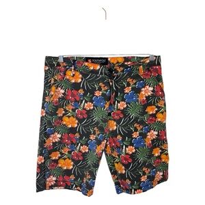 Southpole Black Tropical Floral Cotton Shorts Hawaiian Beach Vacation 36